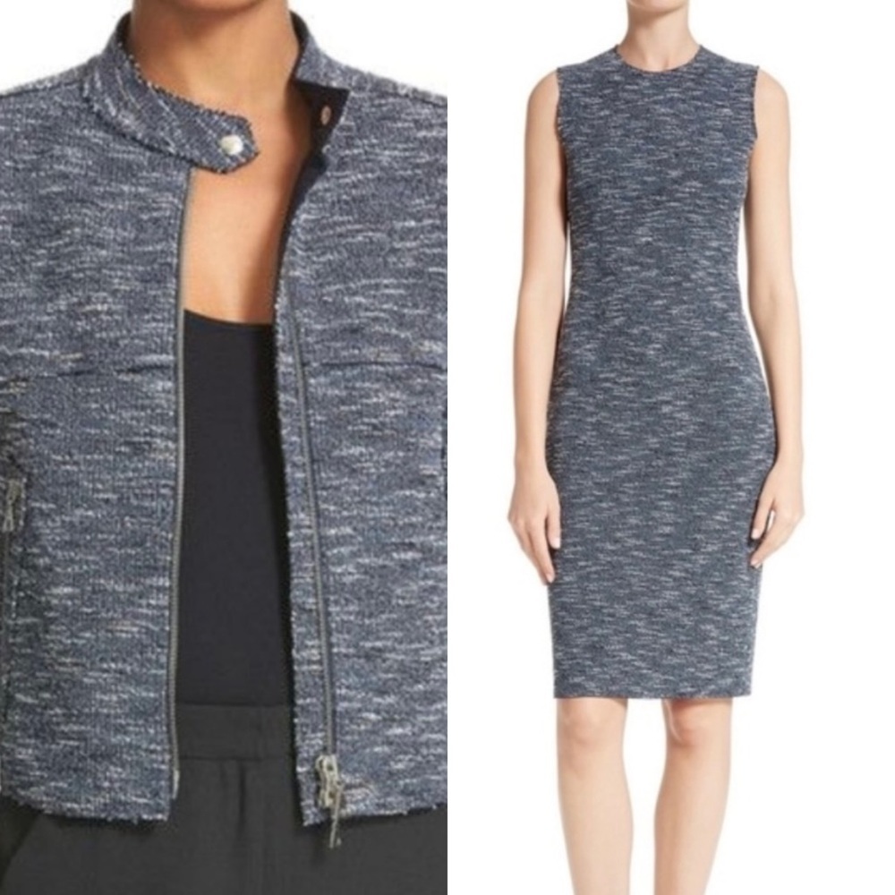 Theory Blue Eano Bavewick Branson Sheath Dress Moto Jacket Set